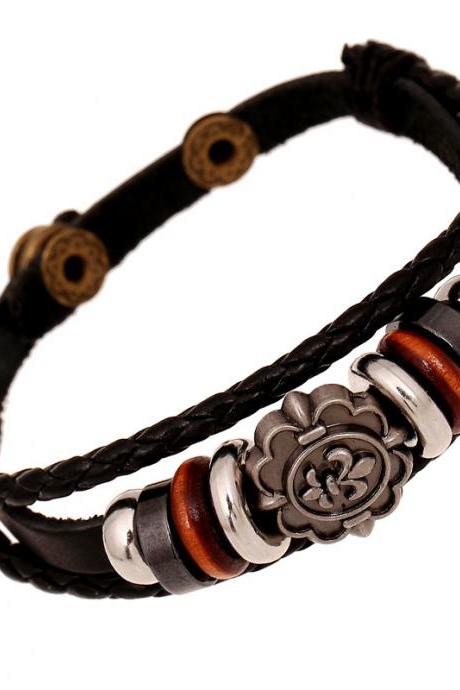 Carving Flower Multilayer Woven Leather Bracelet