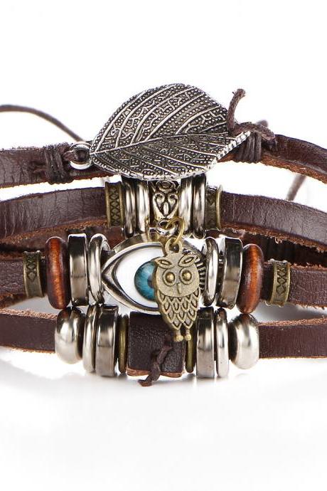 Leather Strap Multi Layer Bracelet with Evil Eye Charm, Owl and Leaf, Friendship Bracelet
