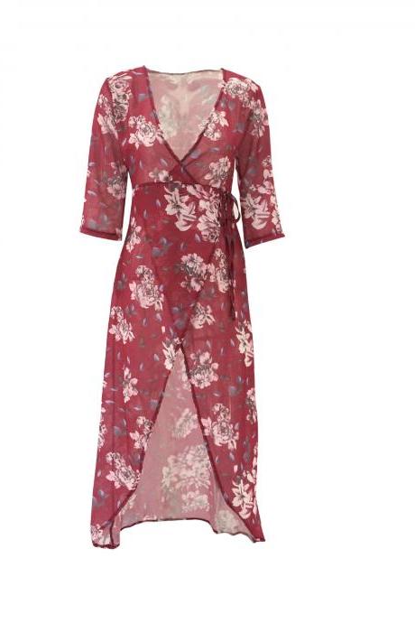 Kimono Style Sexy Wrap Wine red Irregular Dress