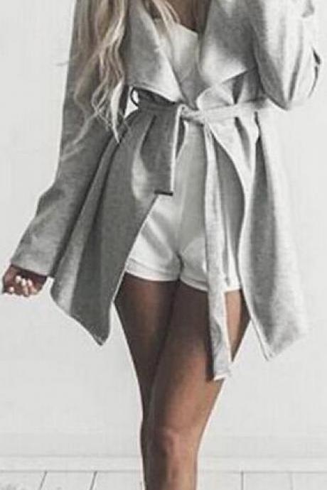 Fashion Gray Belt Lapel Long Coat