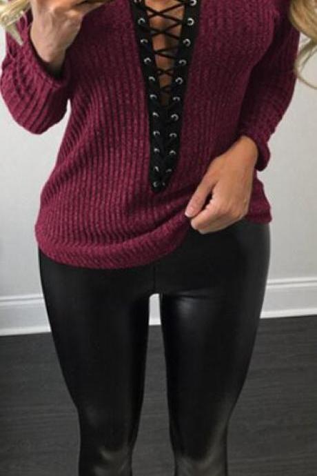 Knitted Turtleneck Long Sleeves Sweater Featuring Lace-up Accent Plunge V Cutout