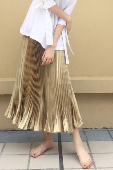 New Women Casual Pleated Solid Mid Length Skirt