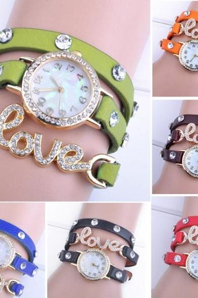 Hotsale Women Love Cz Dial Wrap Around Synthetic Leather Bracelet Quartz Wrist Watch
