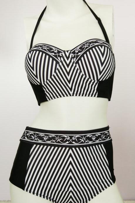 Black Stripe Print High Waist Two Pieces Swimwears