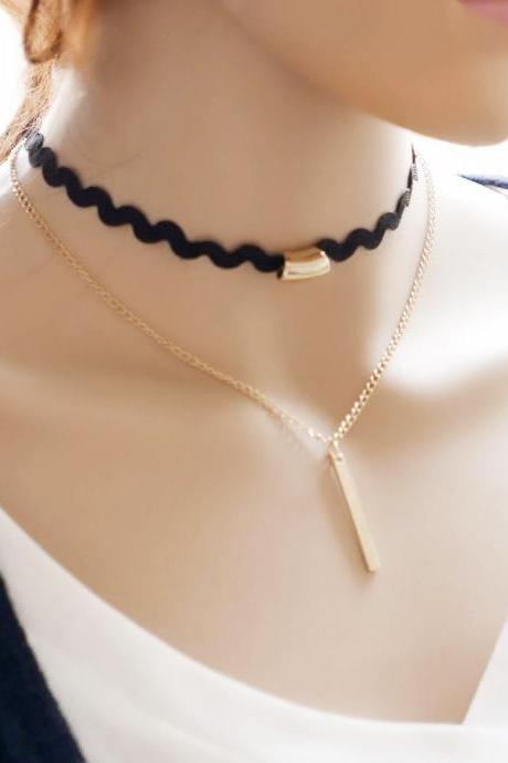 Vertical Gold Bar Double Layered Zig-Zag Choker Necklace