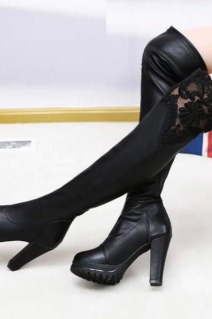 Lace Patchwork Elastic Over Knee Chunky Heel Boots