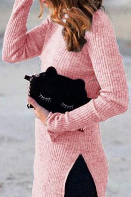 Ribbed Slitting Pull Over Long Sweater