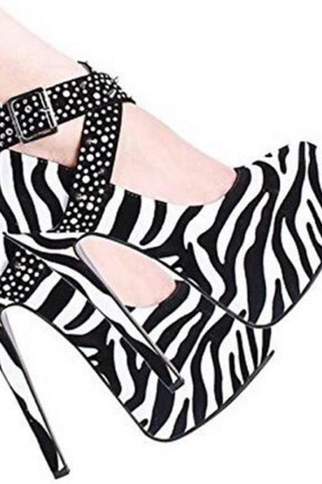 Rounded Toe Print Stiletto Pumps Featuring Criss-cross Ankle Straps With Diamante Details