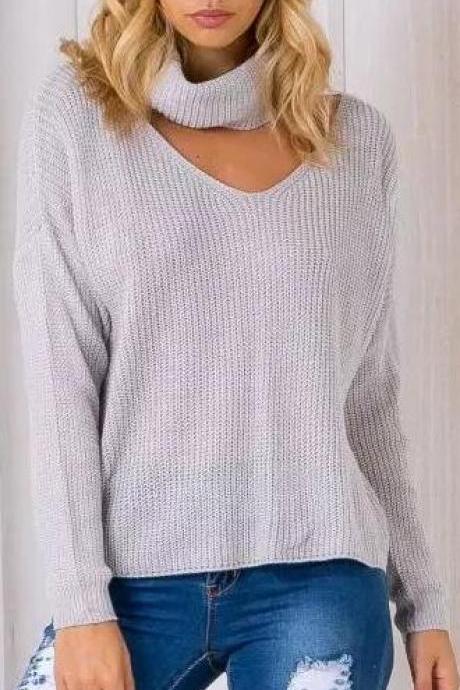 Fashion High Neck Hollow Out Pullover Knitting Sweater