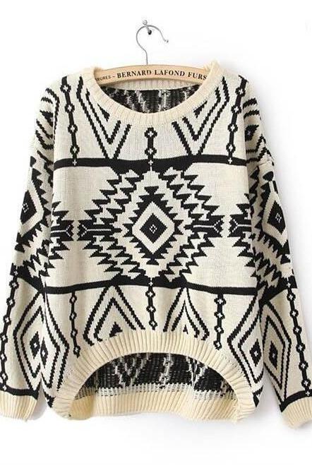 Geometric Argyle Long-sleeved Loose Knit Scoop Pullover Sweater