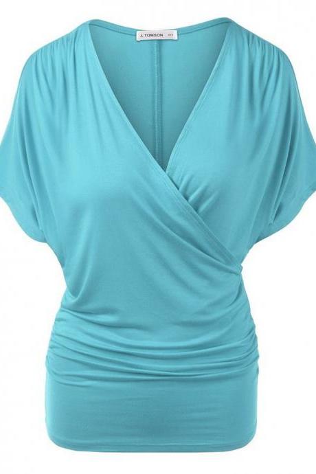 Sexy V Neck Wrap Style Pure Color Bat Short Sleeve Blouse