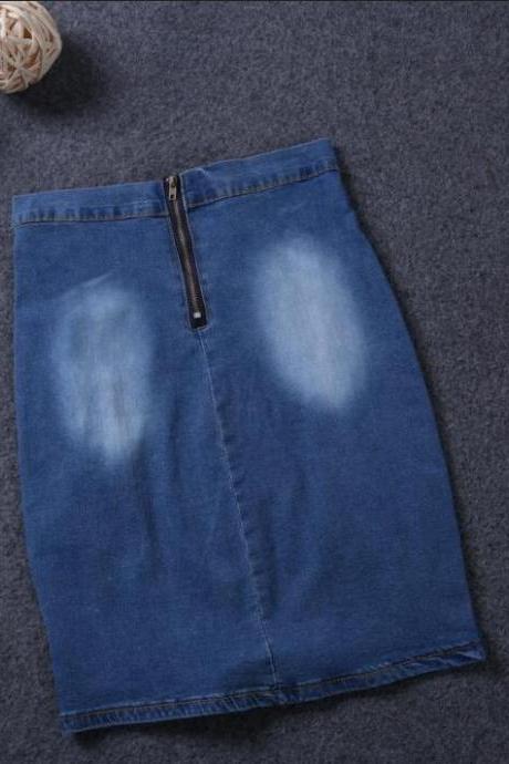 Denim Blue Skinny Zipper Short Hole Skirt