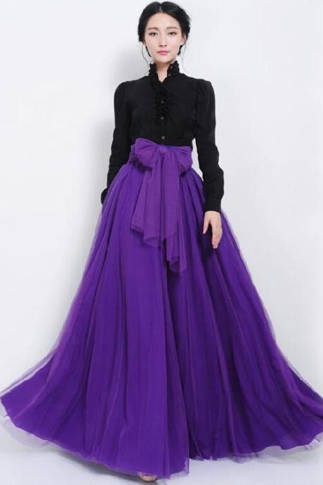 Pure Color Multi-layer Mesh Long Skirt With Lace Belt