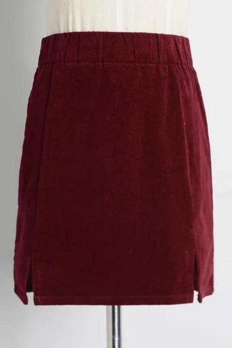 High Waist Pure Color Split Corduroy Slim Short Skirt