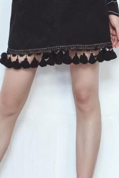 Black Corduroy High Waist A-line Short Tassel Skirt