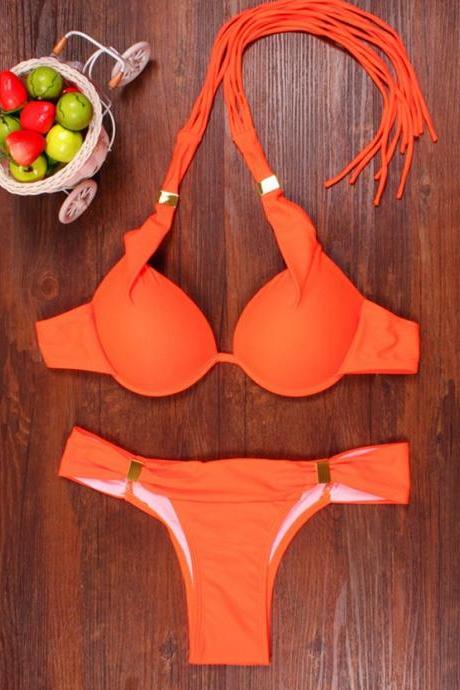 Pure Color Padded Straps Twp Pieces Swimwear