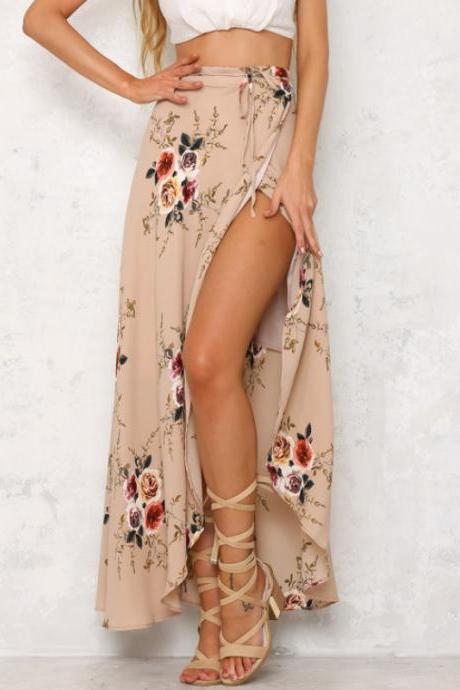 Fashion Bohemian Flower Print Split Ends Flare Maxi Skirt