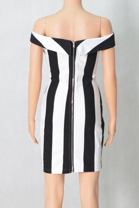 Sexy Black and White vertical Stripes Off Shoulder Slim package Hip Dress