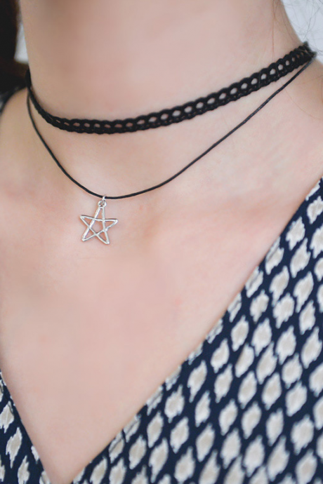 Lace pentagram elegant double necklace