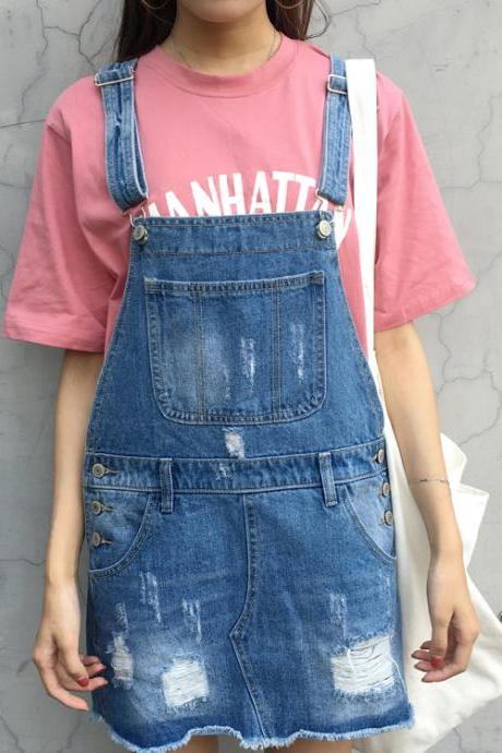Denim Suspender Skirt Featuring Distressed And Frayed Detailing