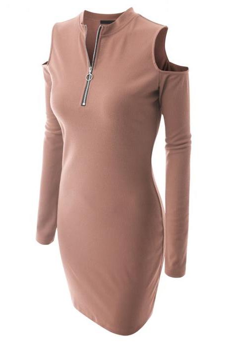 Scoop Cold Shoulder Long Sleeves Solid Short Dress
