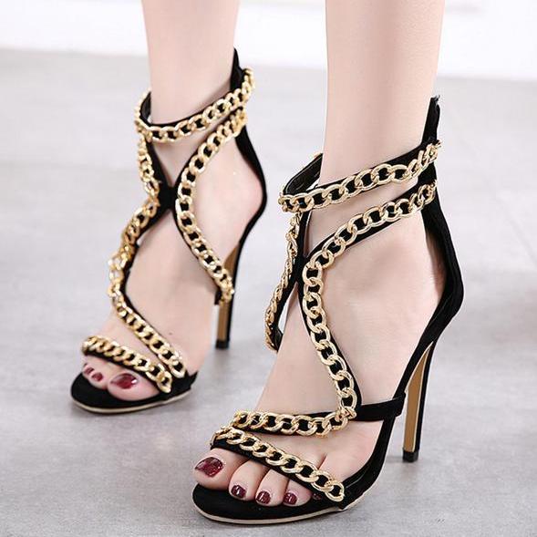 Metal Chain Decorate Open Toe Cut Out Back Zipper Sandals on Luulla