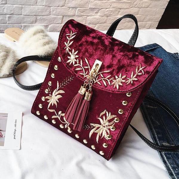 Ethnic Style Embroidery Versatile Canvas Oblique Tassel Shoulder Bag