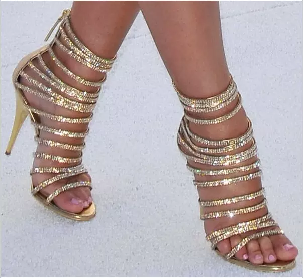 Straps Back Zipper Stiletto High Heels Gold With..