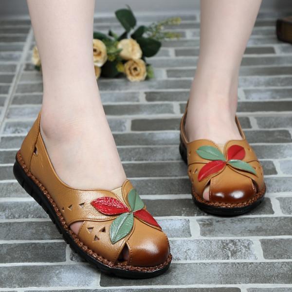 Flower Patchwork Leather Round Toe Casual Comfortable Flats on Luulla