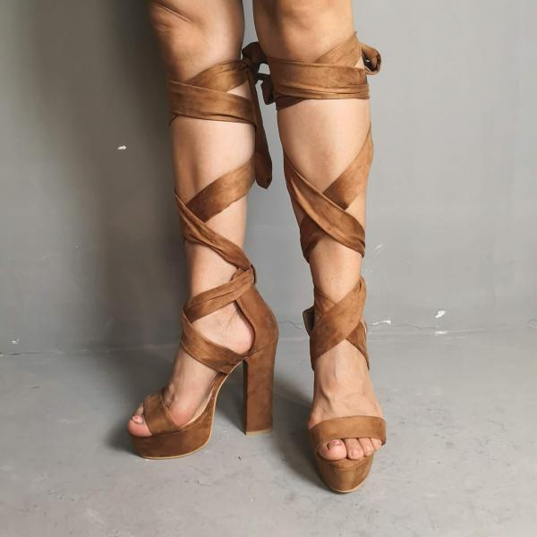 Brown Suede Strap Platform Chunky Heel Sandals