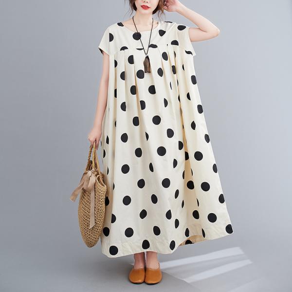 Artistic Retro Loose Pleated Polka-Dot Midi Dress