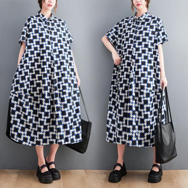 Artistic Retro Short Sleeves Loose Buttoned Floral Printed Contrast Color Midi Dresses