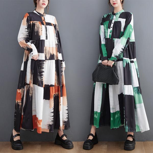 Original Loose Long Sleeves Contrast Color Printed Plaid Stand Collar Midi Dresses