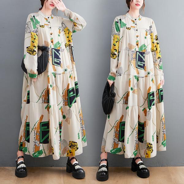Vintage Long Sleeves Loose Printed Stand Collar Midi Dresses