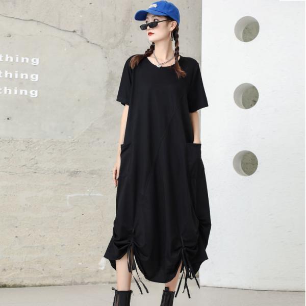 Original Creation Short Sleeves Loose Drawstring Solid Color Round-Neck Midi Dresses