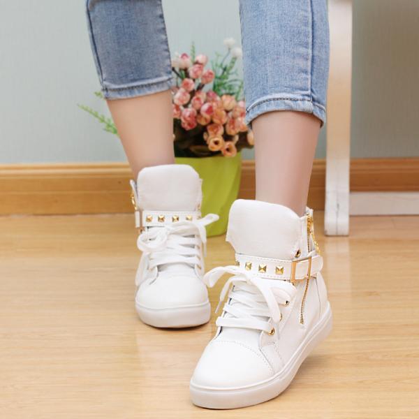 Womens Rivet Canvas Lace Up High Heel Fashion Sneakers Ankle Boots