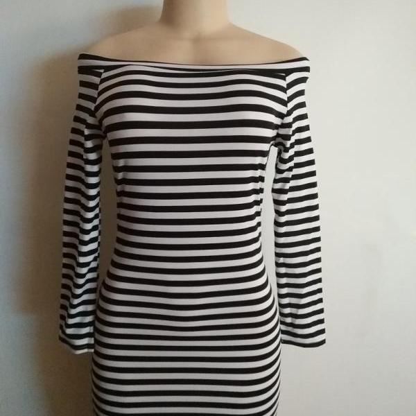 Fashion Off Shoulder Long Sleeve Stripe Short Bodycon Dress on Luulla