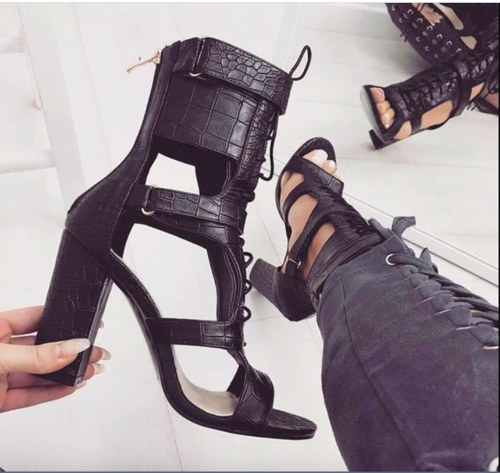 LACE UP ANKLE WRAPS OPEN TOE HIGH CHUNKY HEELS SANDALS on Luulla
