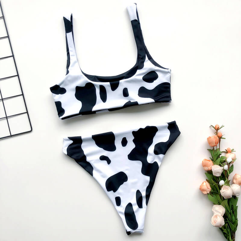 Cute Cattle Print High Rise Thong Bottom Bikinis on Luulla