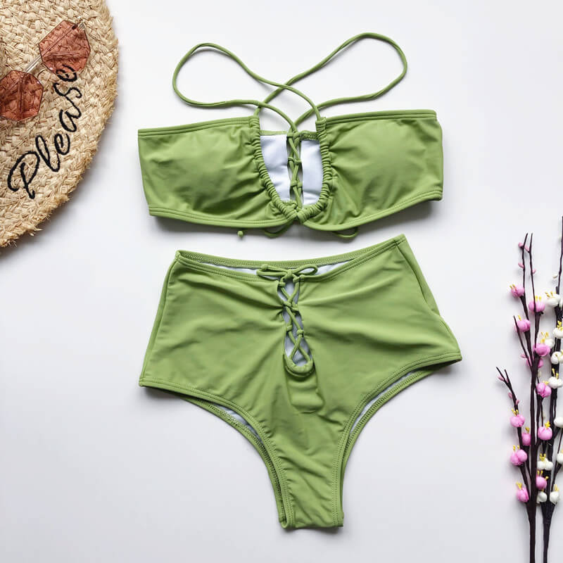 Halter Bandeau Plain High Rise Triangle Bikinis on Luulla