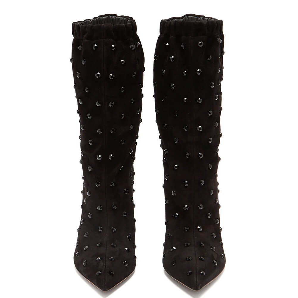 Suede Pointed Toe High Heel Knee High Boots - Black