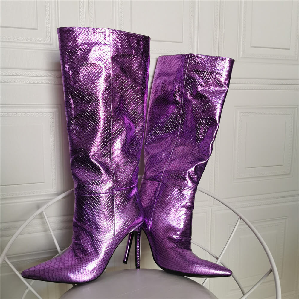 Party Purple PU Point Toe High Heel Knee High Boots on Luulla