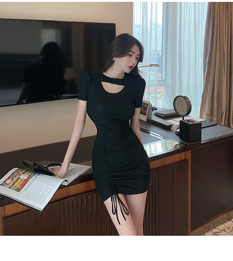 Black Cut Out Drawcord Slim Wrap Hip Dress on Luulla