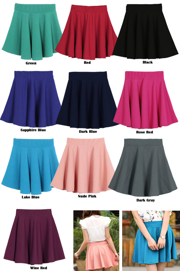 Women Candy Color Stretch Waist Plain Skater Flared Pleated Mini Skirt
