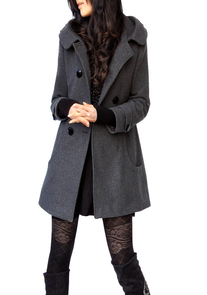Woolen Double Button Hooded Slim Long Coats on Luulla
