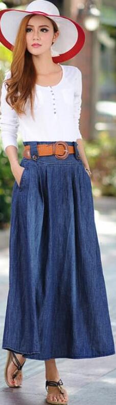 Denim Blue Elastic Waist Pleated Long Skirt With Belt on Luulla